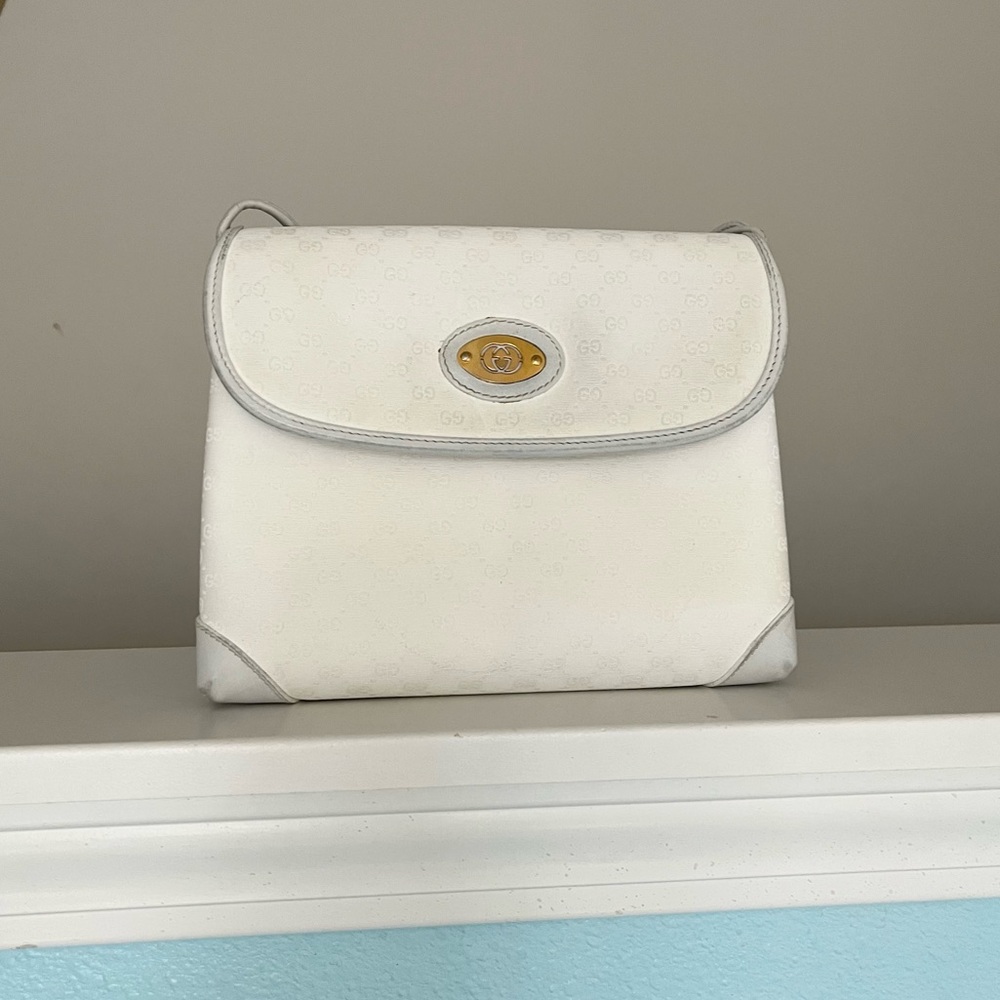 Authentic Vintage White & Gold Gucci Canvas Crossbody Bag
